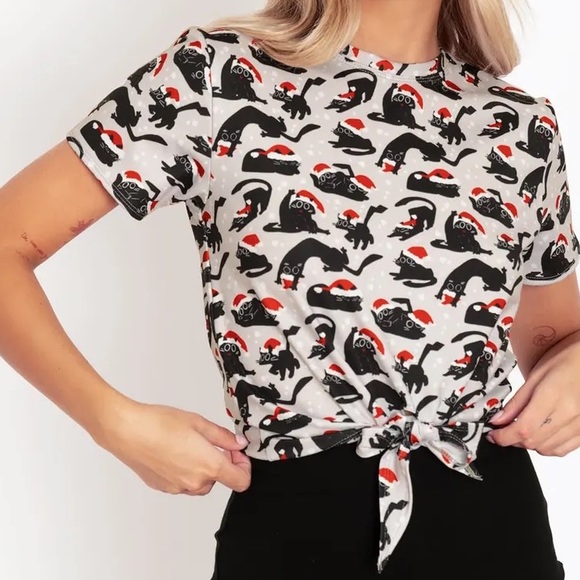 Blackmilk “CATS IN HATS TIE FRONT TEE” Size Medium M NWT Xmas Christmas - Picture 5 of 13